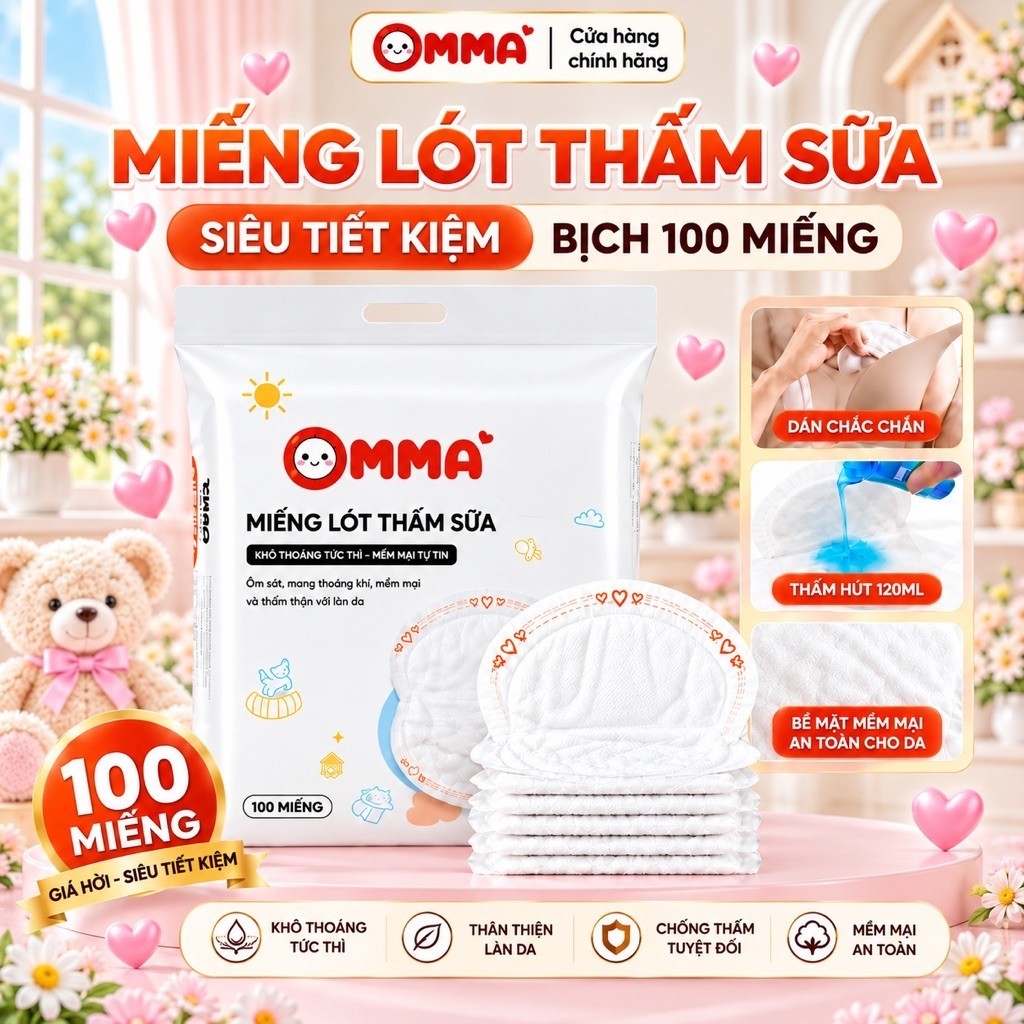 Bịch 100 miếng lót thấm hút sữa OMMA chống tràn tối đa, từ sợi organic lành tính, an toàn cho mẹ và bé