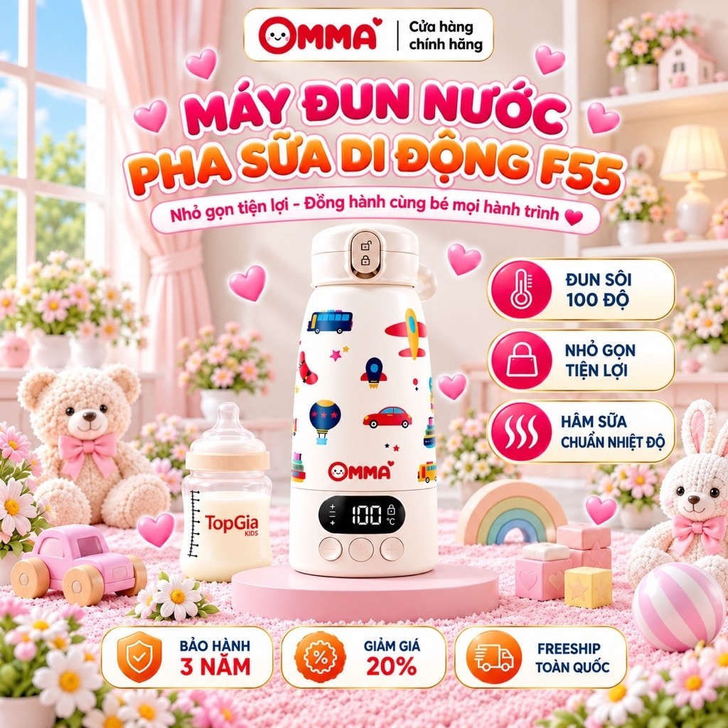 Bình Đun Pha Sữa Di Động Omma F55 Không Dây – Hâm Nước Pha Sữa , Điều Chỉnh Nhiệt Độ, Đun Sôi 100°C