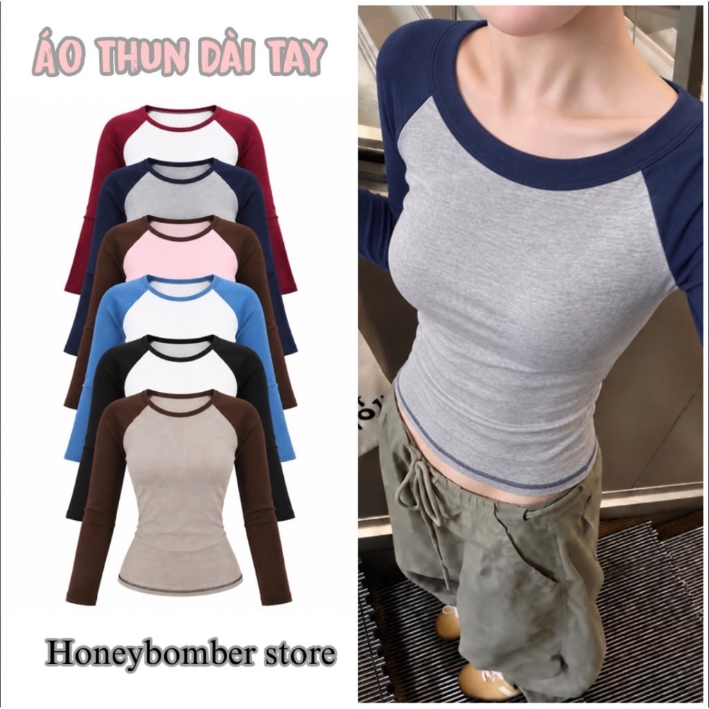 Áo Thun Dài Tay Phối Raplang Trơn [FREESHIP]🌸Áo Thun Nữ Cotton Co Dãn Phong Cách Ulzzang🌸