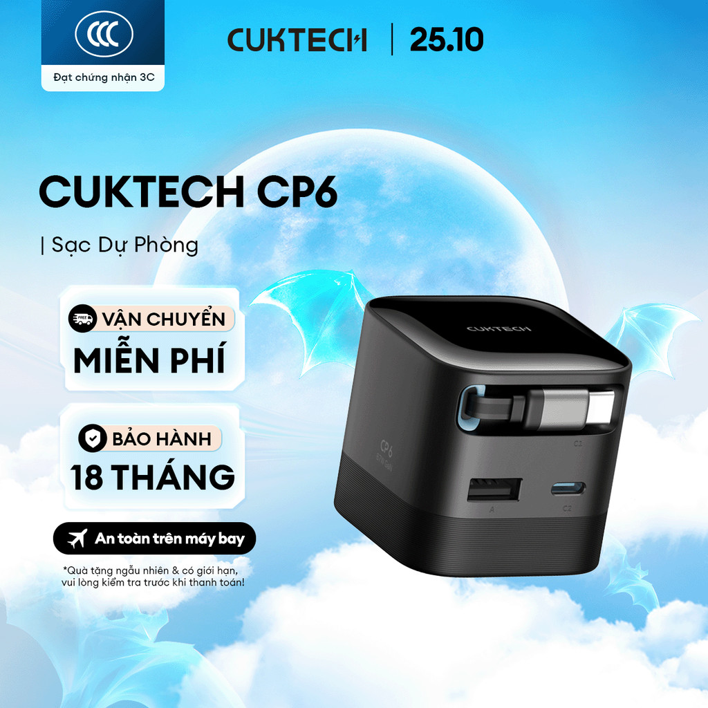 Củ Sạc GaN CUKTECH CP6 Kèm Cáp C Rút Gọn | Công Suất 67W | Cổng Sạc 2C1A | Bảo hành 18 Tháng AD653W