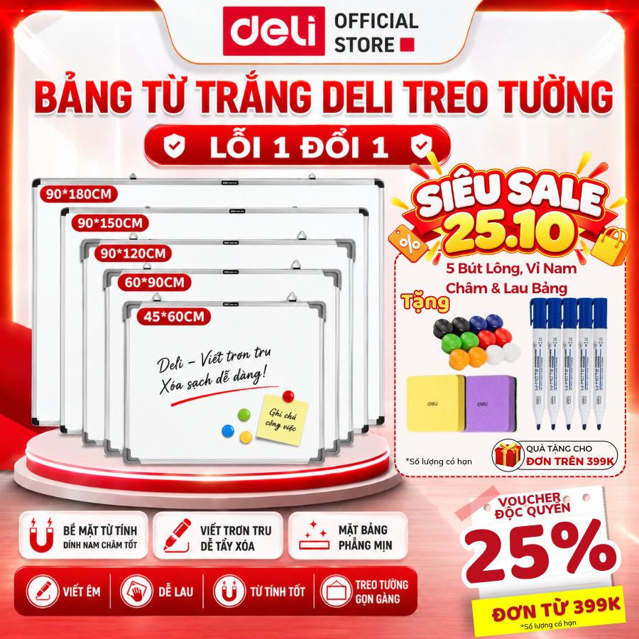 Bảng Từ Trắng Deli Treo Tường Nhiều Kích Thước – Bảng Mica Nam Châm Viết Bút Lông Kèm Khay Đựng