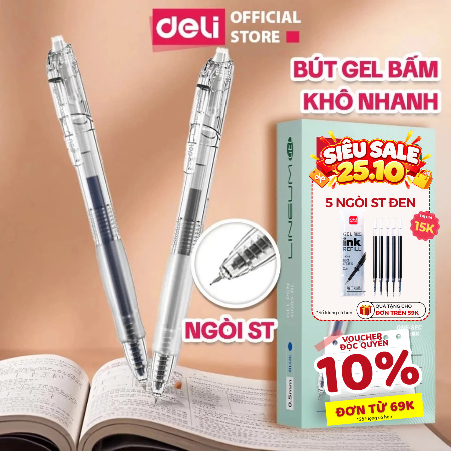 [TRỢ GIÁ EG08S] Hộp 12 Bút Gel Bấm EG08S Deli Ngòi ST 0.5mm Nhanh Khô Mực Xanh Đen Đỏ Đều Mực Có Đệm Tay