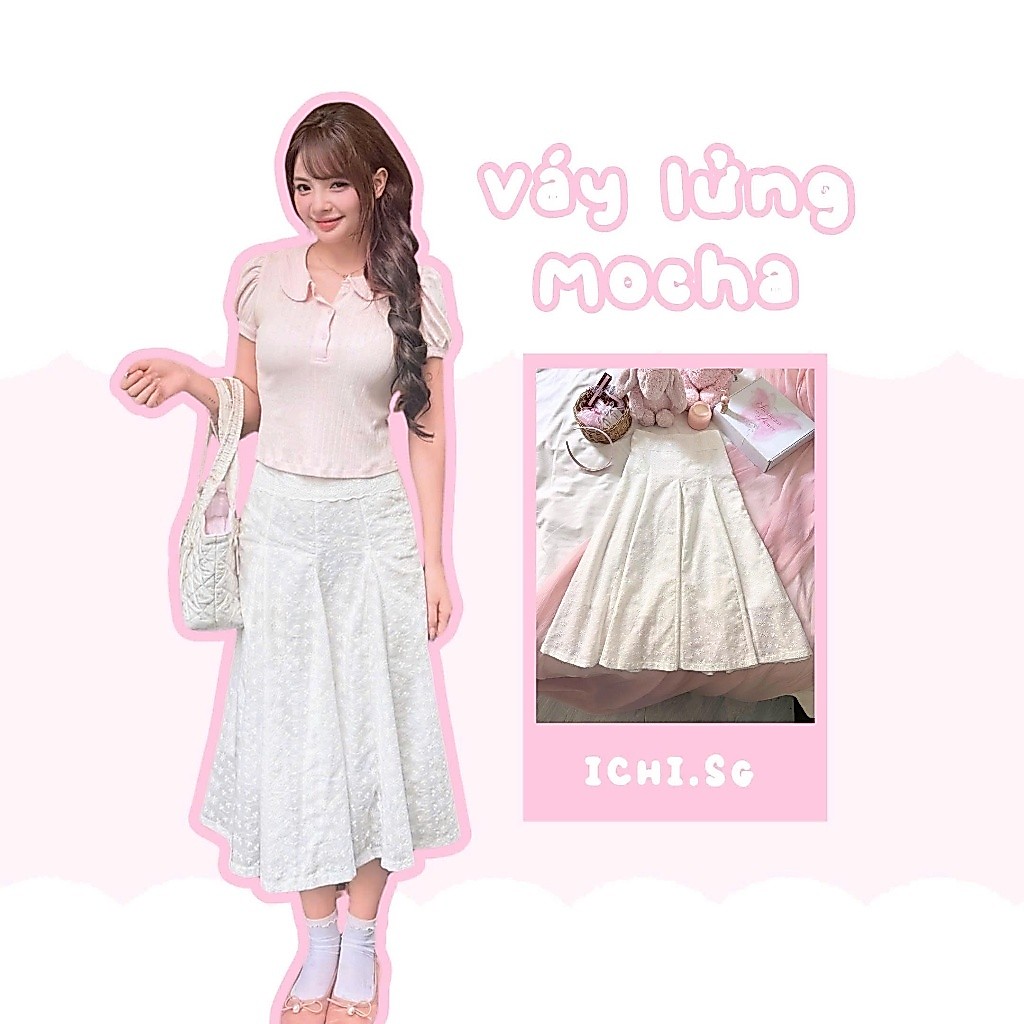Mocha midi skirt - chân váy lửng boi thêu trắng - ICHI.SG
