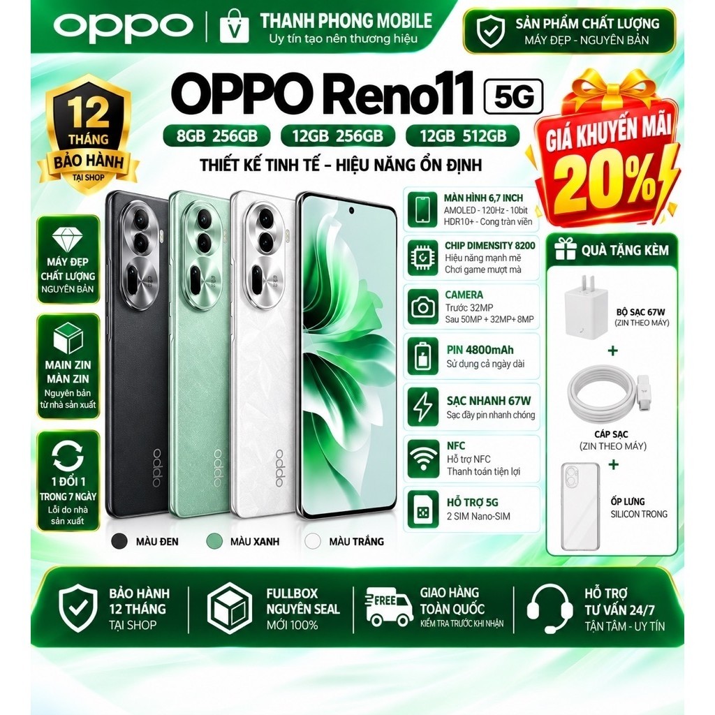 OPPO Reno11 5G (12GB/256GB) Fullbox | Có NFC | Màn Hình Cong AMOLED | Camera Sony 50MP | Sạc Nhanh 67W | Bảo Hành 1 Năm