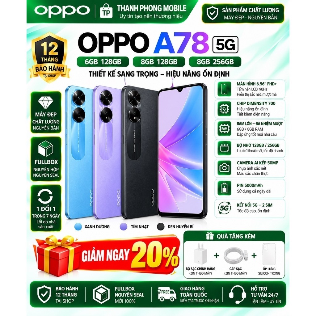 Điện Thoại OPPO A78 5G / Fullbox 6GB/128GB 8GB/256GB | Camera 50MP | Pin 5000mAh | Màn 90Hz | Bảo Hành 12 Tháng