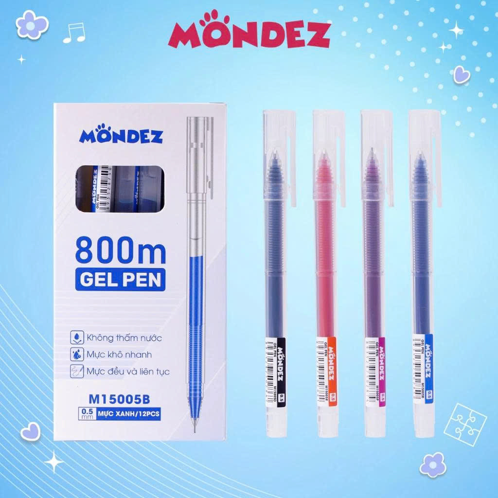 Hộp 12 Bút Gel MONDEZ Bút Mực Nước Ngòi 0.5mm, Viết Trơn Nét Đẹp, Bút Nước 4 Màu Mực Xanh Đen Tím Đỏ Cho Học Sinh M15005