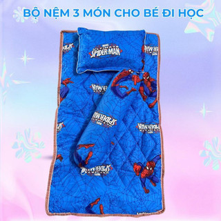 Bộ Nệm 3 món cotton cho bé đi học cao cấp gồm 1 nệm, 1 gối nằm và 1 gối ôm, tặng kèm túi xách