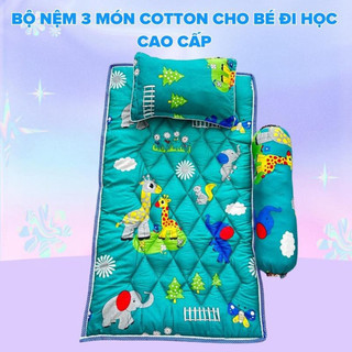 Bộ Nệm 3 món cotton cho bé đi học cao cấp gồm 1 nệm, 1 gối nằm và 1 gối ôm, tặng kèm túi xách