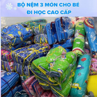 Bộ Nệm 3 món cotton cho bé đi học cao cấp gồm 1 nệm, 1 gối nằm và 1 gối ôm, tặng kèm túi xách