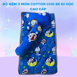 Bộ Nệm 3 món cotton cho bé đi học cao cấp gồm 1 nệm, 1 gối nằm và 1 gối ôm, tặng kèm túi xách