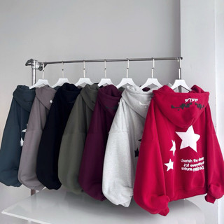 Áo Khoác Nỉ Bông In Nổi Boxy THREE STARS Unisex-áo khoác khóa kéo ngôi sao cực chất New 2025