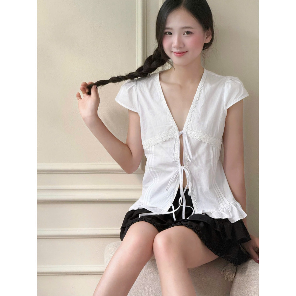 Áo kiểu xẻ dây buộc dáng vừa Miha Studio