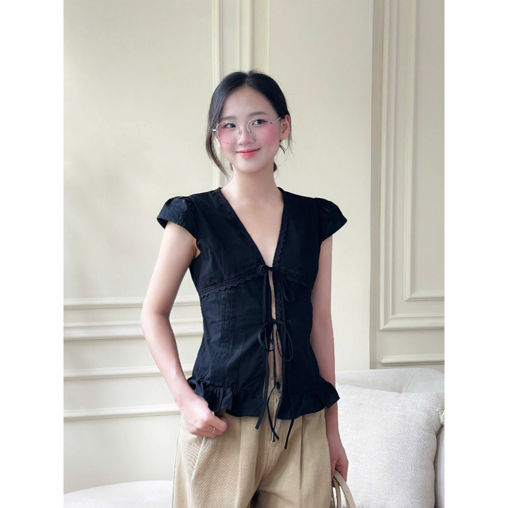 Áo kiểu xẻ dây buộc dáng vừa Miha Studio