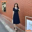 Đầm thiết kế BEMINE cổ đức đính nơ tay ngắn phối viền dáng chữ A phù hợp đi làm, đi dạo phố-MT10057