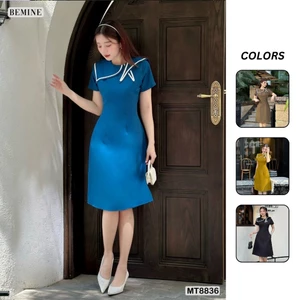 Đầm thiết kế cổ nơ phối viền ngắn tay tùng chữ A BEMINE MT8836