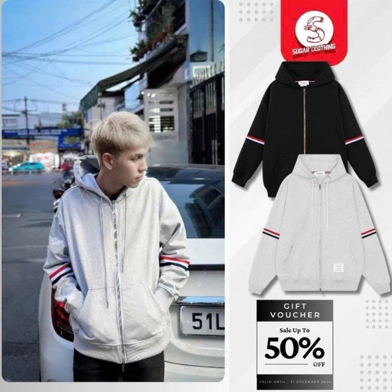 Áo KhoácNỉ  Hoodie Zip  2 Vòng Dây Tay Trắng Đỏ Mũ 2  lớp Chất Nỉ Dày Dặn Thời Trang Unisex Boy Phố 2025