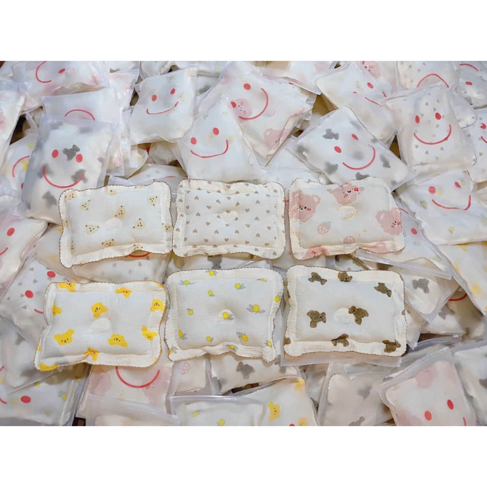 Gối xô Organic muslin chống bẹp đầu chất vải mềm min cho bé (mẫu túi mặt cười) mẫu mới 2025