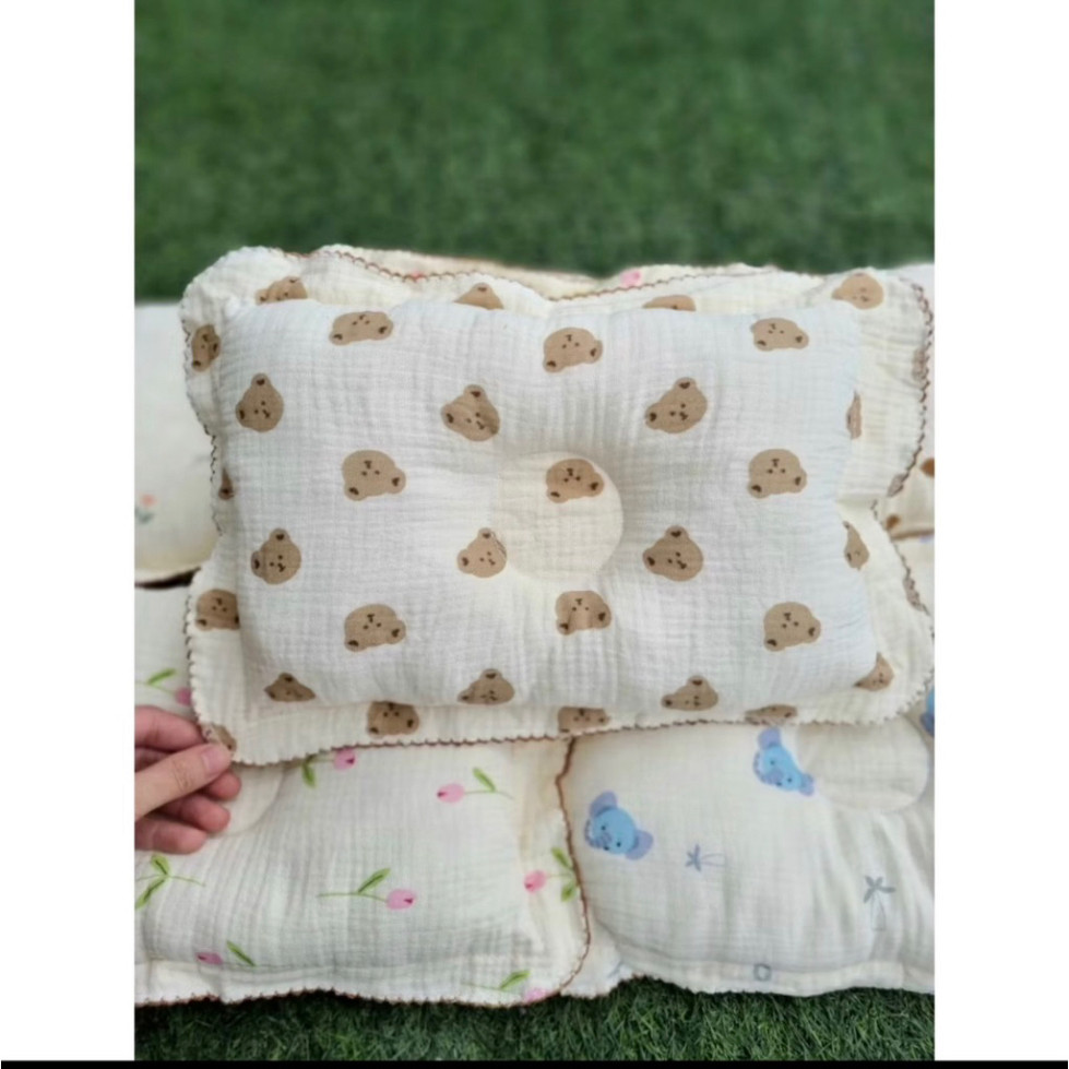 Gối xô Organic muslin chống bẹp đầu chất vải mềm min cho bé (mẫu túi mặt cười) mẫu mới 2025