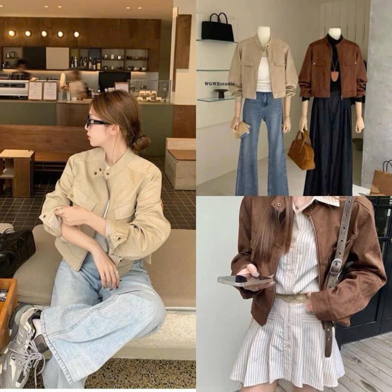 [Hàng loại 1 - sẵn] Áo khoác da lộn cổ trụ cúc bấm- Áo croptop thiết kế túi nắp đứng form Y8style