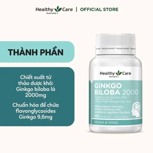 Bổ não Ginkgo Biloba 2000 Healthy Care của Úc hỗ trợ lưu lượng máu và tăng cường trí nh