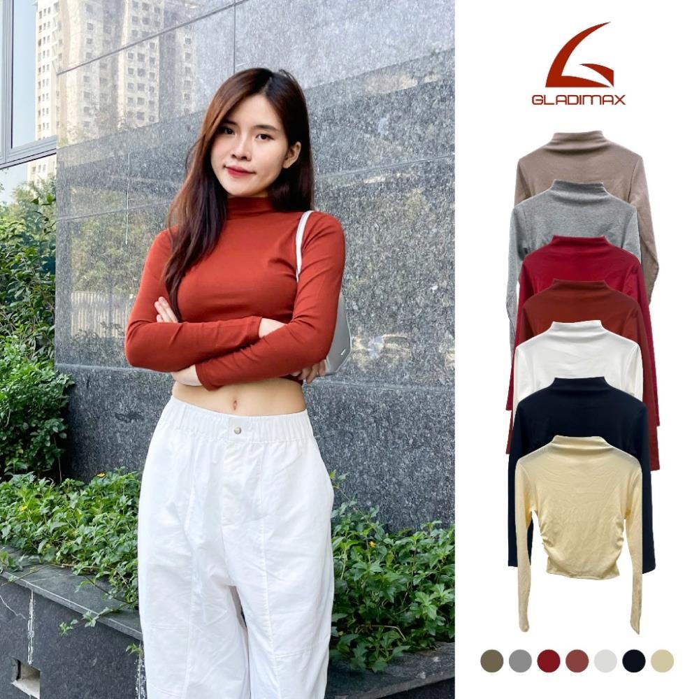 Áo Croptop Tay Dài F86 Thời Trang Hottrend Gladimax, Áo Thun Nữ Cổ Leo Nhún Eo Cá Tính Trẻ Trung Chất Cotton