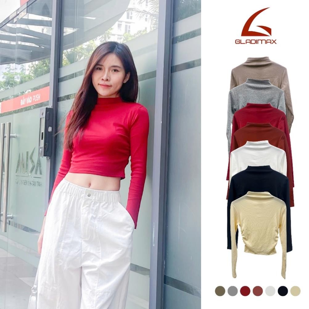 Áo Croptop Tay Dài F86 Thời Trang Hottrend Gladimax, Áo Thun Nữ Cổ Leo Nhún Eo Cá Tính Trẻ Trung Chất Cotton