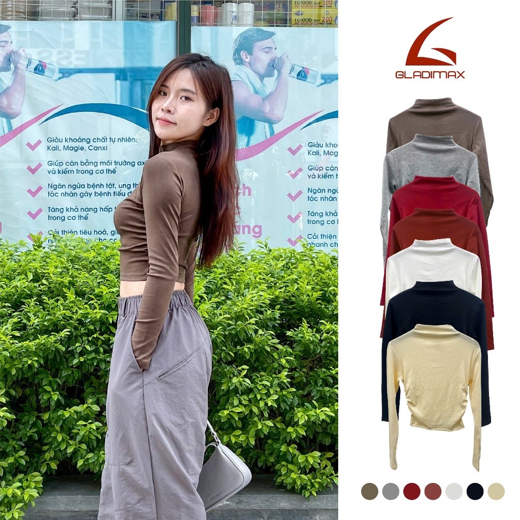 Áo Croptop Tay Dài F86 Thời Trang Hottrend Gladimax, Áo Thun Nữ Cổ Leo Nhún Eo Cá Tính Trẻ Trung Chất Cotton