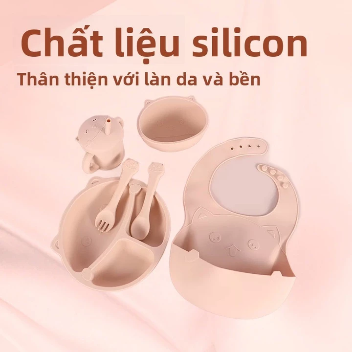 Bộ đồ dùng silicone cho trẻ em7Bộ bát ăn dặm cho bé, yếm, đĩa ăn cho bé, bộ đồ ăn chia ngăn, hộp đựng thức ăn cho bé, ch