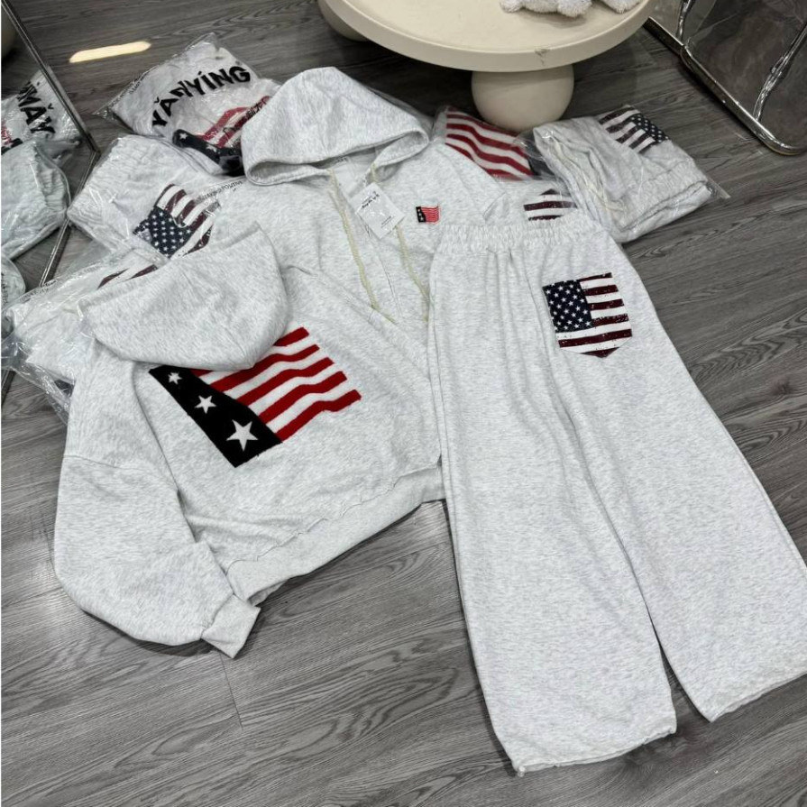 Bộ Nỉ Nữ Mũ Trần 2 Lớp In Hình Sao Cờ Mỹ form rộng tay dài Unisex Oversize Nam Nữ mặc đều đẹp Boy Phố hottrend 2025