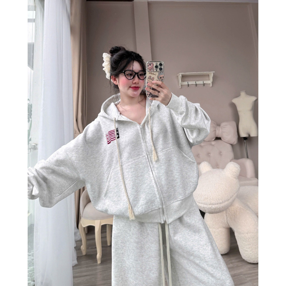 Bộ Nỉ Nữ Mũ Trần 2 Lớp In Hình Sao Cờ Mỹ form rộng tay dài Unisex Oversize Nam Nữ mặc đều đẹp Boy Phố hottrend 2025