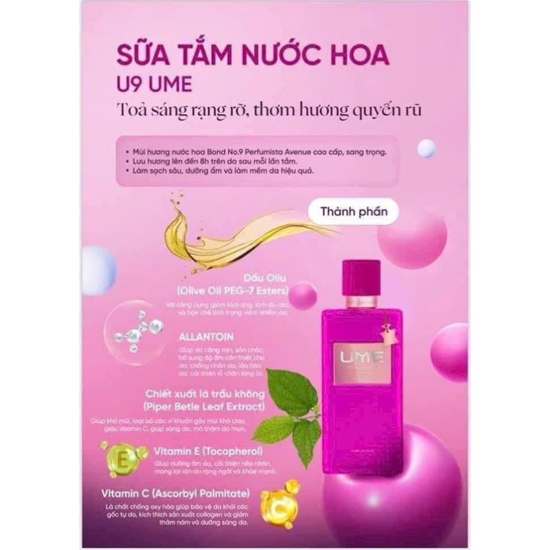 Sữa tắm UME, sữa tắm ngọc trinh Sạch sâu, lưu hương hỗ trợ dưỡng ẩm mềm mại, căng mịn làn da 250ml.
