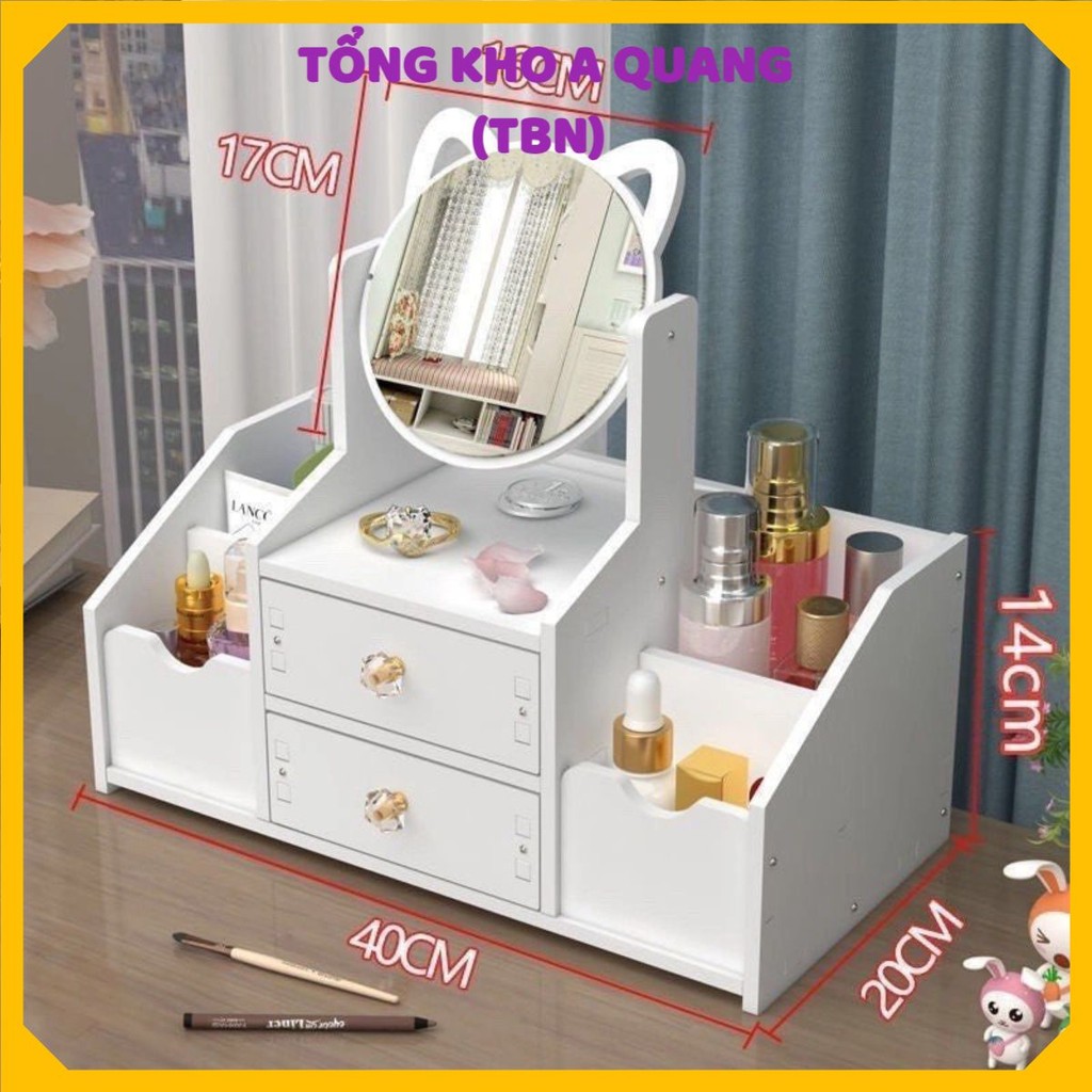 Kệ Mỹ Phẩm Bàn Trang Điểm Mini Có 2 Ngăn Kéo Tiện Lợi Kèm Gương Tai Mèo 4 Ngăn Sườn Dễ Thương, TÁP ĐẦU GIƯỜNG TRANG ĐIỂM