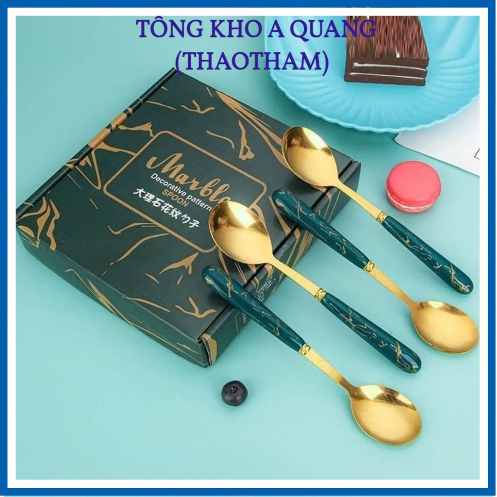Sét thìa xanh hoa tiết vân đá, thìa kim loại đáng yêu thìa kim loại dễ dàng vệ sinh