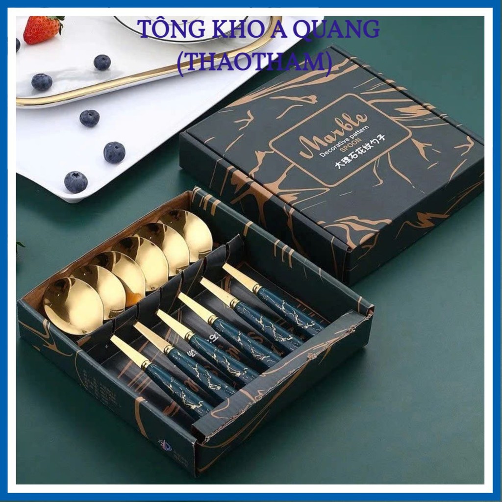 Set 6 Thìa Xanh Vân Đá, Muỗng Inox Ngộ Nghĩnh Dễ Thương Kèm Hộp Đựng Chống Gỉ An Toàn Dành Cho Các Bé