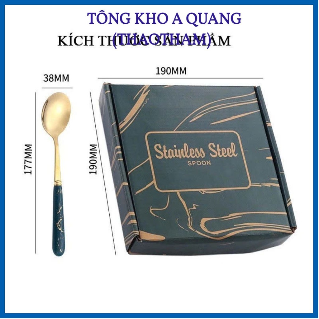 Set 6 Thìa Muỗm Ăn Cơm Dễ Thương Kèm Hộp Đựng Xinh Xắn- Bộ 6 Muỗng Xanh Mạ Vàng Cán Dài Cho Bé Ăn Dặm
