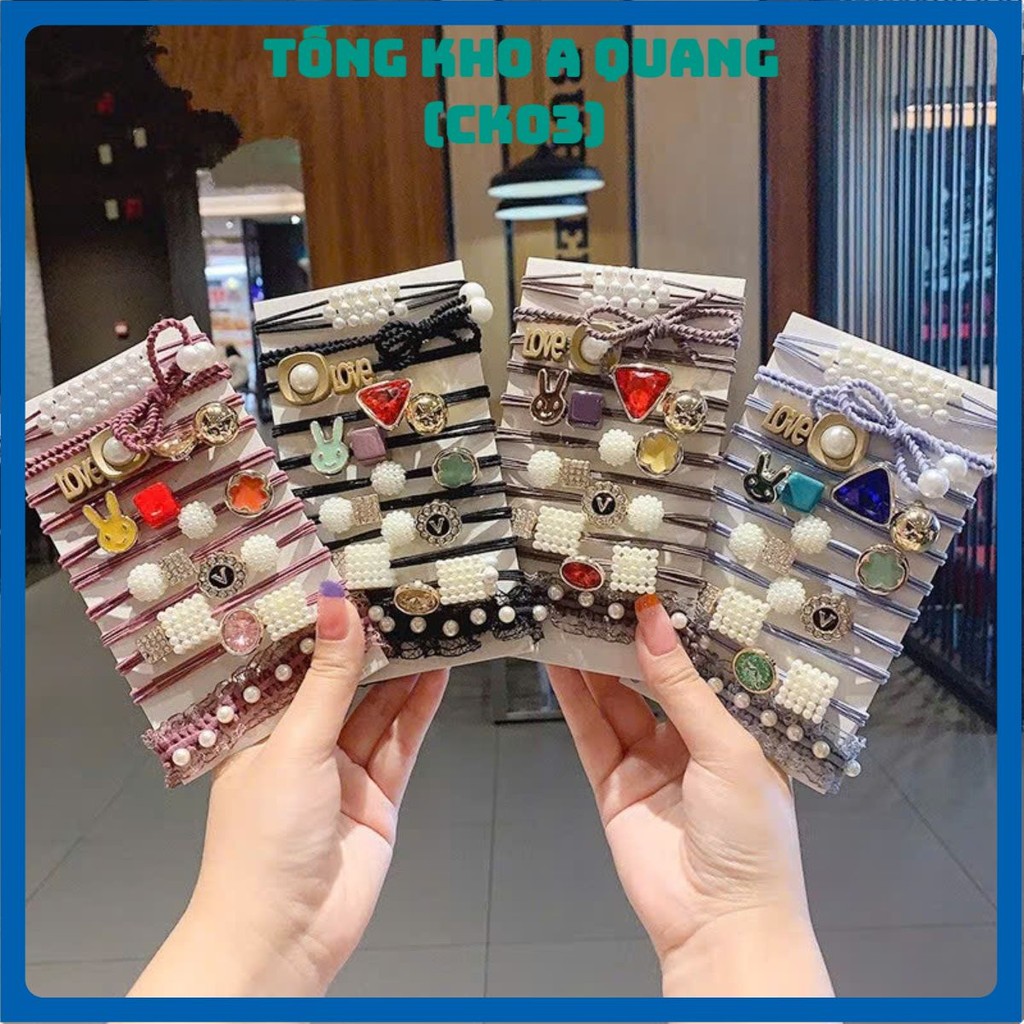 SET DÂY BUỘC TÓC PHONG CÁCH HÀN QUỐC - Bộ 11 Dây Cột Tóc Cao Su Đính Ngọc Trai,Túi 11 Dây Chun Dễ Thường Dành Cho Bé