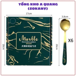 SET 6 THÌA THÍCH HỢP LÀM QUÀ TẶNG - Hộp Thìa Inox Mạ Vàng Cán Vân Đá Cao Cấp,Bộ 6 Thìa Ăn Sang Trọng Tiện Lợi