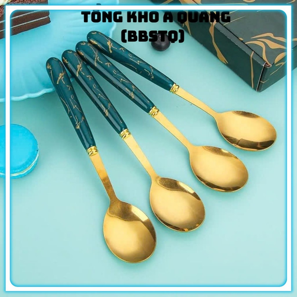 BỘ THÌA XANH VÂN ĐÁM, Set 6 Thìa Siêu Cute - Bộ 6 Thìa,Muỗng Ăn Cơm Inox Sang Chảnh - MA: BOTHIA16