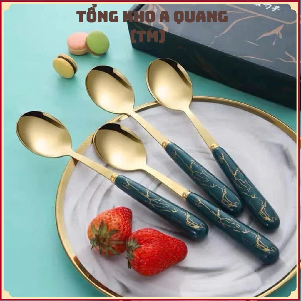 Set 6 Thìa Vân Đá Dễ Thương Kèm Hộp Đựng Xinh Xắn- Bộ 6 Muỗng Vân Đá Mạ Vàng Cán Dài Cho Bé Ăn Dặm, THÌA ĂN DẶM