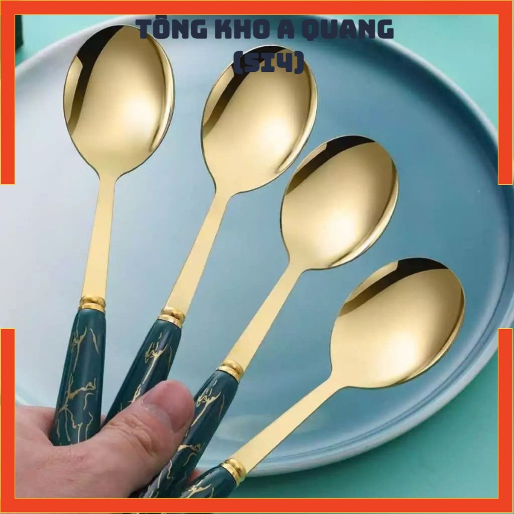 Hộp 6 muỗng xanh mạ vàng inox dễ thương - Thìa ăn cơm cán dài cho bé ăn dặm
