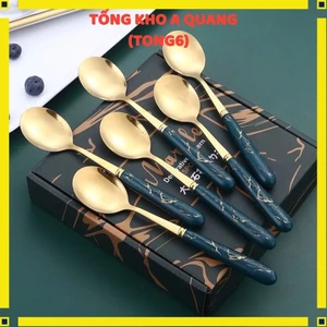 Set 6 Thìa Xanh Dễ Thương Kèm Hộp Đựng Xinh Xắn- Bộ 6 Muỗng Vân Đá Mạ Vàng Cán Dài Cho Bé Ăn Dặm, THÌA ĂN DẶM