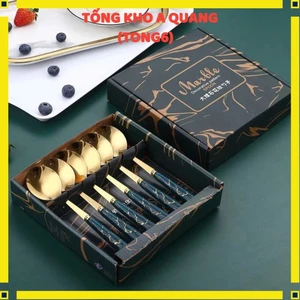 Sét thìa xanh vân đá 6 thìa kim loại đáng yêu thìa kim loại dễ dàng vệ sinh