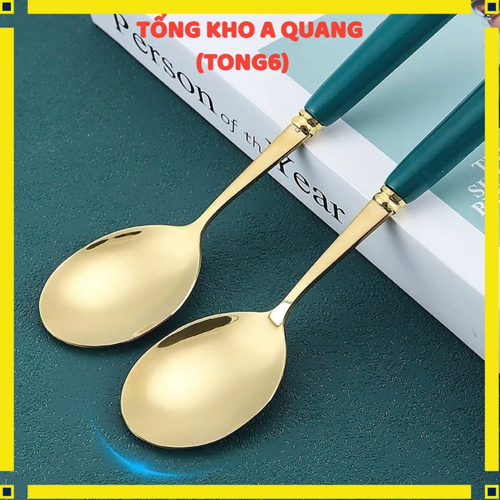 Set 6 Thìa Muỗm Ăn Cơm Vân Đá Dễ Thương Kèm Hộp Đựng Xinh Xắn-  Bộ 6 Muỗng Mạ Vàng Cán Dài Cho Bé Ăn Dặm