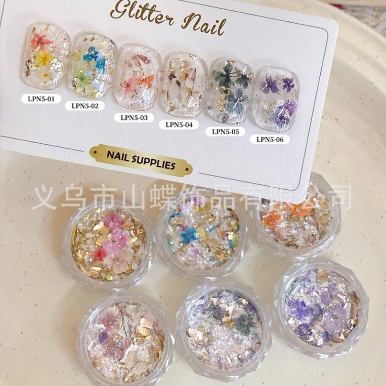 set hoa khô nhũ ẩn cao cấp 6 hủ dùng trang trí móng tay ẩn gel ẩn móng