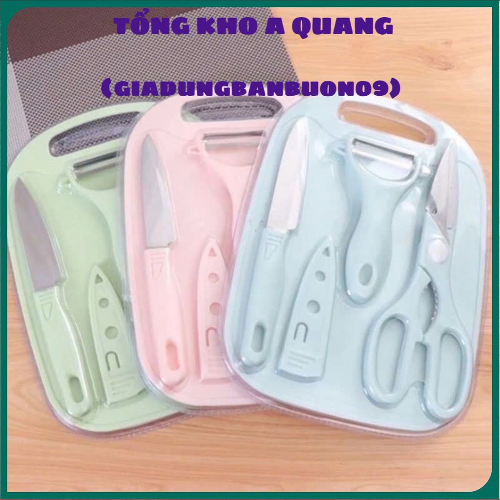 BỘ DỤNG CỤ LÀM BẾP ĐỒ ĂN DẶM INOX CHỐNG GỈ - Bộ Dao Thớt Kéo Nạo 4 Món Tiện Lợi,Set Dao Thớt Kéo Nạo Nhiều Màu Bền Đẹp