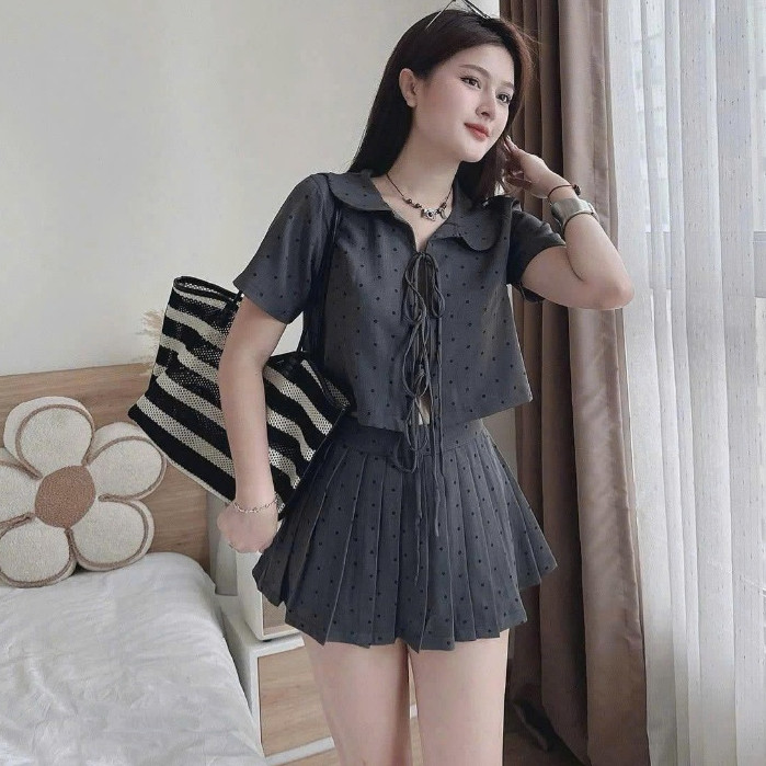 set váy nữ xinh,set chấm bi áo croptop buộc dây mix chân váy 129(Z2) Mm ...