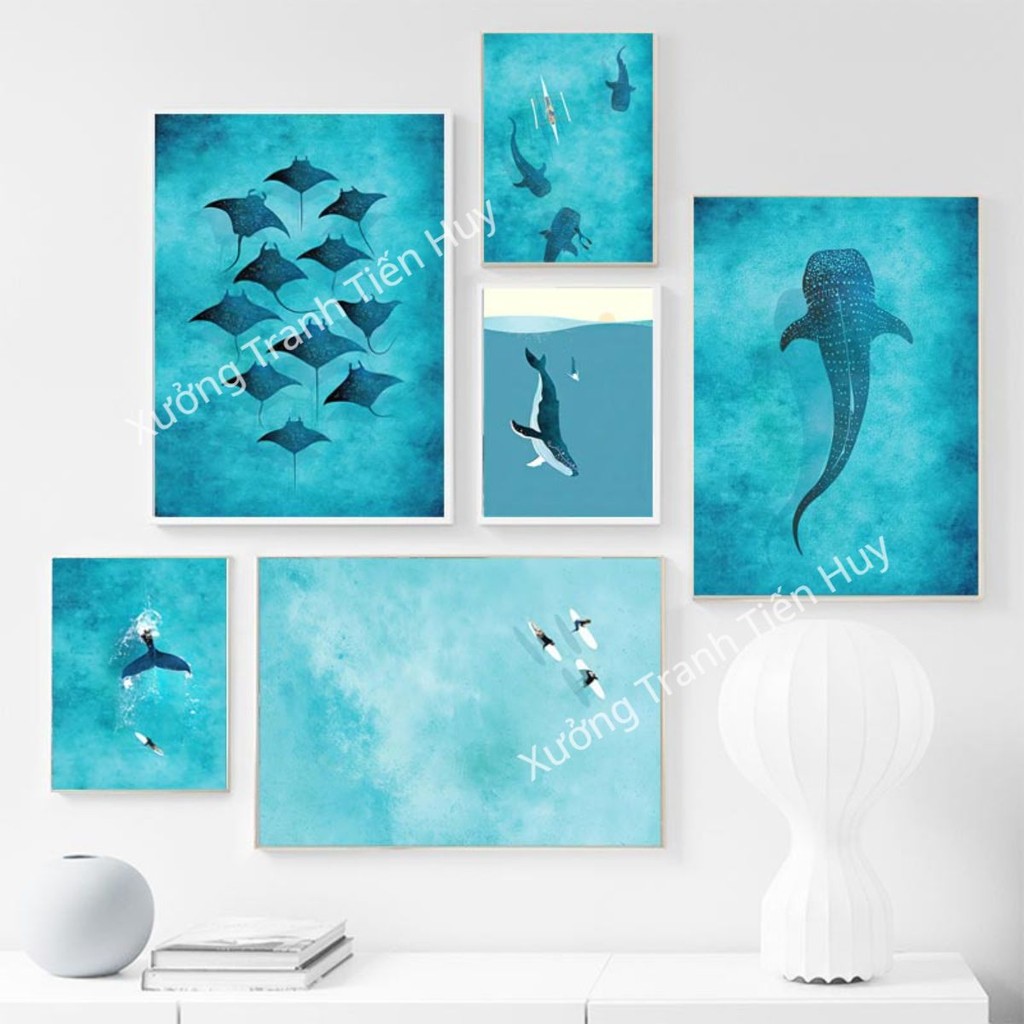 (X151) Poster tông màu xanh dương tranh Cá Voi và biển xanh - Áp phích ...