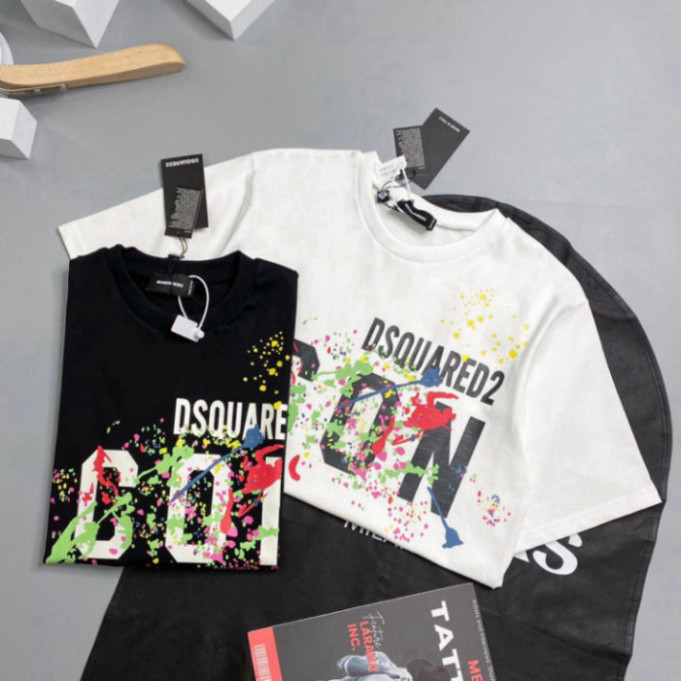 Áo phông nam nữ Dsq2 in hoạ tiết chữ ICON loang vảy sơn 7 màu siêu rẻ đẹp. Áo Thun cộc tay Unisex Form rông siêu hót2024