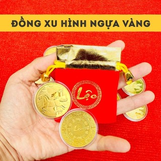 Đồng Tiền Xu Hình Ngựa Vàng Kèm Túi gấm đỏ LỘC, Lì Xì Tết Bính Ngọ 2026