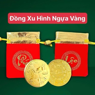 Sỉ Combo 10 Đồng xu con Ngựa Vàng , 1 mặt chữ Lộc chiêu tài - tặng kèm túi gấm đỏ LỘC